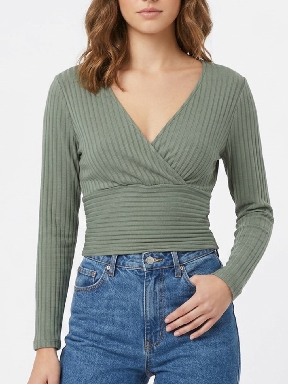 Long Sleeve Top Size: S Forever 21 Olive Green Ribbed Wrap-Style